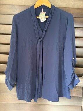 dna couture Women's Medium Navy Blue Long Sleeve Blouse with Tie NWT